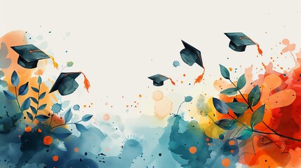 Watercolor background with graduation caps and leaves for celebration or invitation.