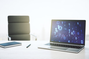 Wall Mural - modern computer monitor with creative abstract binary code hologram. database and programming concep