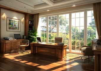 Poster - Luxury home office with large windows and wooden furniture