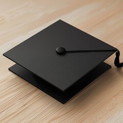 Wall Mural - Black graduation cap on wooden background.