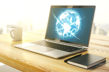 Wall Mural - social network media concept with world map on modern computer monitor. 3d rendering