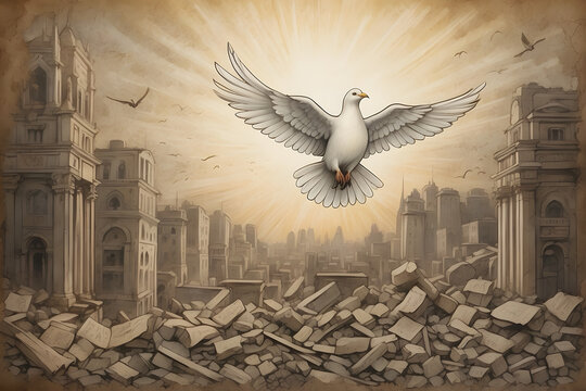 A concept creation of peace bird, cross and destroyed city