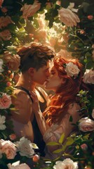 Wall Mural - A man and a woman kissing in a garden of roses