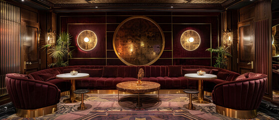 an opulent, dimly lit room with red velvet furniture, marble floors, and gold accents.