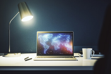 Wall Mural - abstract creative digital world map on modern laptop monitor, tourism and traveling concept. 3d rend