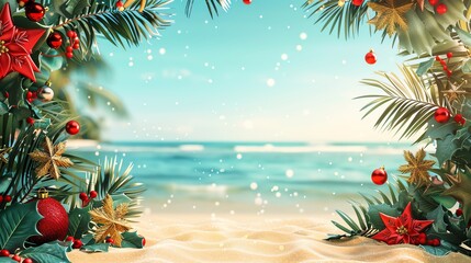 Christmas in July sale announcement template with holiday decorations on a beach background.