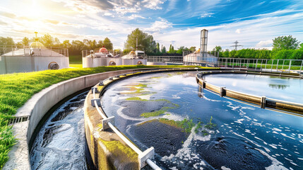 Wall Mural - A bustling water treatment plant is shown in action, with torrents of water flowing through the facility as it undergoes the process of cleansing and purifying