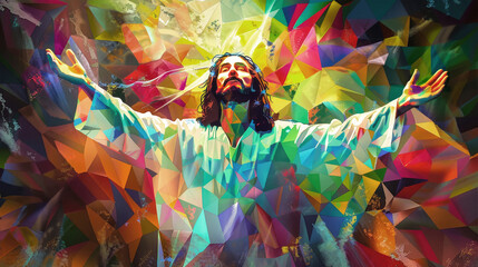 Wall Mural - A vibrant and colorful portrait of Jesus Christ, rendered in a geometric style, with his arms outstretched and a radiant glow surrounding him