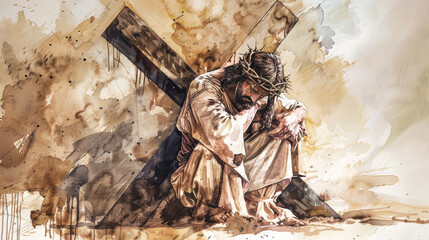 Wall Mural - A watercolor painting depicting Jesus Christ kneeling before the cross, his head bowed in sorrow. The painting evokes a sense of profound emotion and reflection on the weight of sacrifice