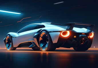 Futuristic black sports car in neon light. ai generative