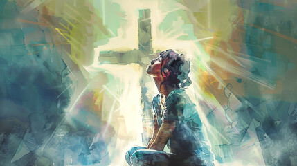 Wall Mural - A woman kneels in prayer before a cross in a church, bathed in soft, ethereal light. The image evokes a sense of faith, hope, and tranquility