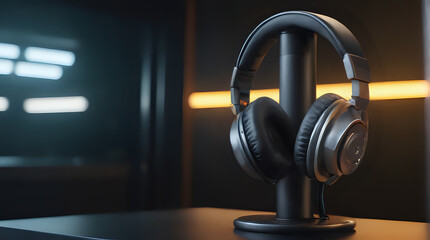 Wall Mural - a black headphone on a stand with a yellow light