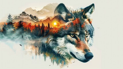 Surreal ultrahigh-resolution wolf portrait with mountains, jungles, sunset, rivers, and clouds in double exposure vector illustration. Perfect for nature and wildlife themes.