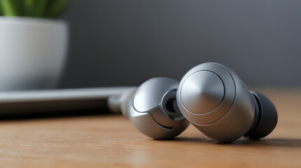 Wall Mural - a two silver ear buds sitting on a table next to a laptop