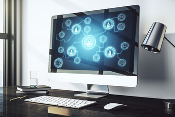 Wall Mural - modern computer display with social network icons concept. networking concept. 3d rendering