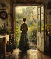 Poster - Woman Looking Out Open Doorway To Garden