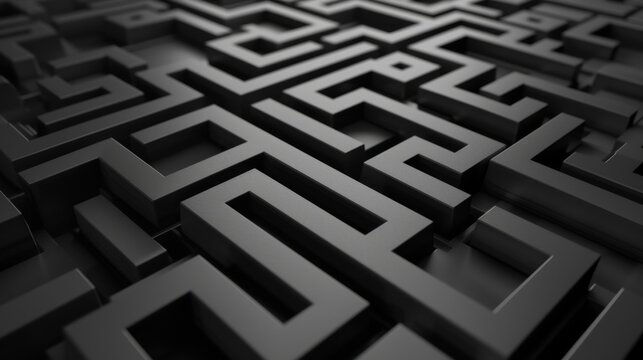 Intricate black 3D maze design illustrating complexity and challenging pathways in a modern, abstract style.
