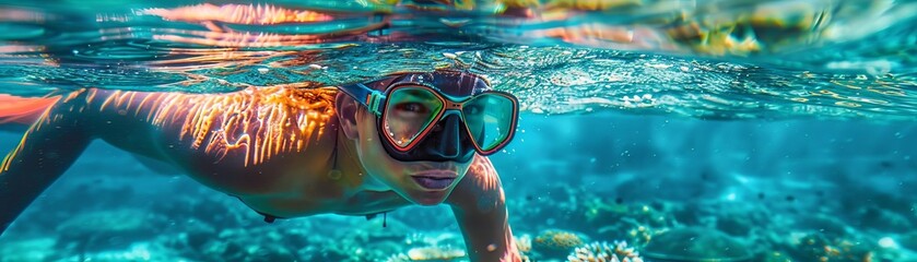 Person snorkeling in clear waters close up, focus on, copy space, vibrant colors, Double exposure silhouette with underwater life