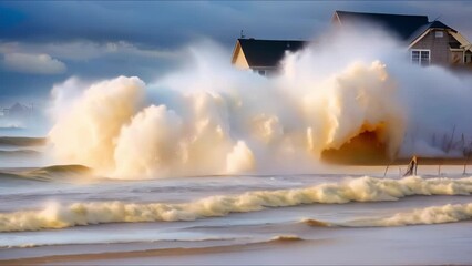 Wall Mural - Devastating coastal flooding triggered by massive storm surge and powerful waves. Concept Natural Disasters, Coastal Flooding, Storm Surge, Powerful Waves, Devastation