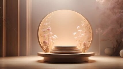 Wall Mural - A breathtaking sight unfolds with a round wooden podium illuminated by enchanting backlighting and misty haze, suffused with delicate pastel golden-brown hues, all meticulously crafted by AI, evoking 