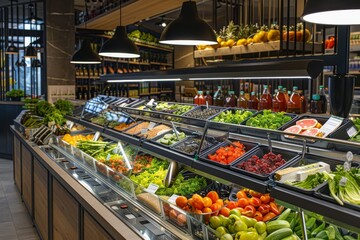 A salad bar with a wide variety of fresh ingredients in a modern grocery store