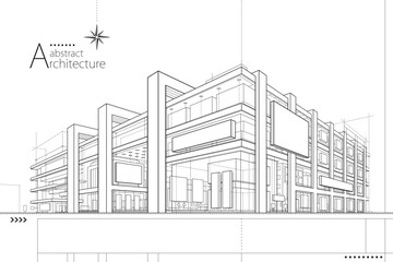 Aufkleber - 3D illustration of abstract modern urban landscape line drawing, imaginative architecture building construction perspective design.