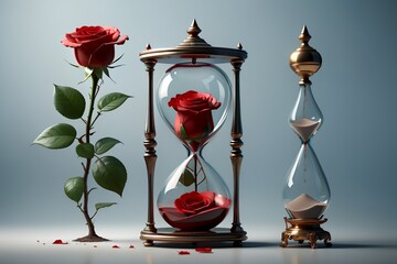 hourglass and rose, time and aging concept