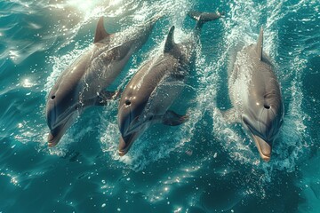 Wall Mural - Topview drone shot, a scene of playful dolphins soaring above breaking waves, embodying the essence of sea life and the splendor of marine animals in their natural environment.