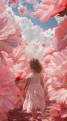 Wall Mural - A little girl walking through a field of pink flowers