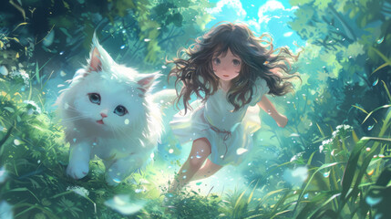 Wall Mural - A girl running with a white cat in the grass