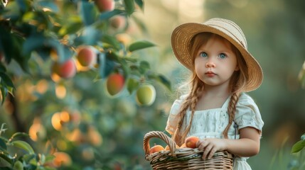 Canvas Print - A little girl in a straw hat holding a basket of fruit