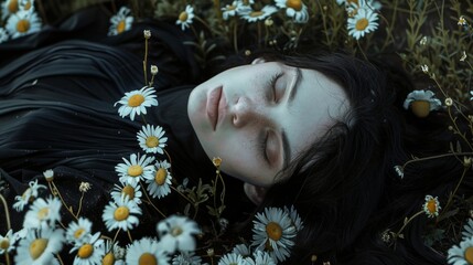 Poster - A woman laying in a field of daisies