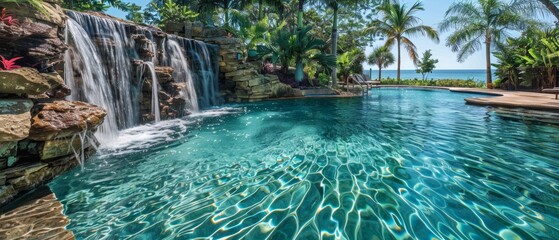 Wall Mural - A crystal-clear pool with a waterfall feature, set in a beautiful resort, inviting for a refreshing swim