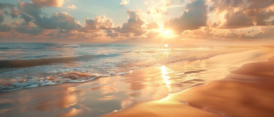 A coastal beach at sunrise with the first rays of sunshine reflecting off the calm ocean waters