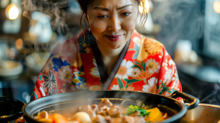 Poster - Japanese woman savoring the delicate flavors of wagyu beef sukiyaki