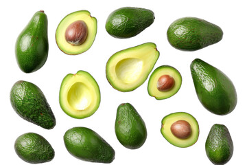 Wall Mural - Fresh Whole And Halved Avocados Isolated On White Background