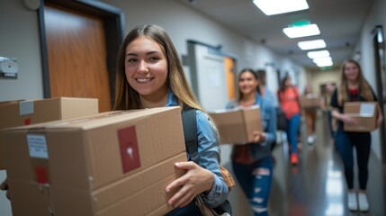 Smiling female college students carrying boxes down dormitory hallway during moving day