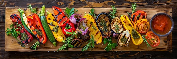 Grilled vegetables on wooden board: zucchini, peppers, tomatoes, onions and eggplant. Delicious summer meal.