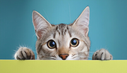 Poster - A curious cat peeking over a bright sign