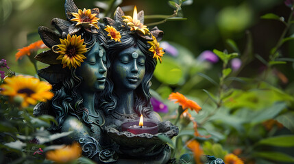 Wall Mural - Triple Goddess figurine with candle and colorful flowers in garden, nature background. Symbol of the Triune Moon. esoteric ritual for Litha, Midsummer. witchcraft, wiccan spiritual practice.