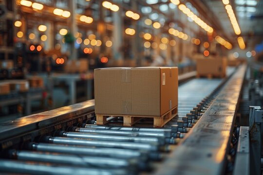 motion of multiple cardboard box packages gliding along a conveyor belt in a bustling warehouse fulfillment center, capturing the essence of e-commerce