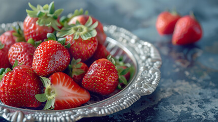 Silver plate with fresh strawberries with space for text.