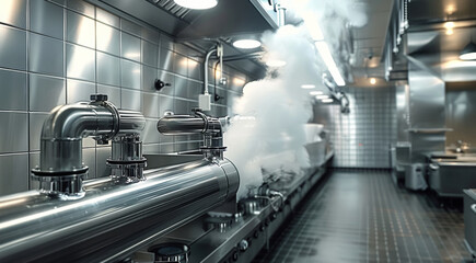 Canvas Print - Steam piping for commercial kitchen installed. Generative AI.