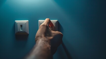 A close-up of a man's hand or fingers turning on and off a grey light switch next to a dark blue wall at home during the night. Electrical energy conservation, power, and safety.