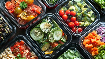 Top view of a close-up of several healthy vegetable salad lunch boxes packaged in plastic. Diet Take away food 