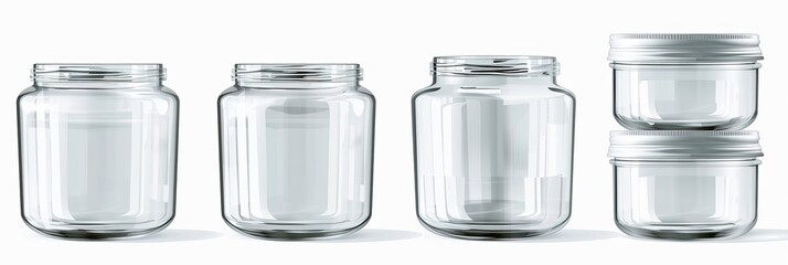 Wall Mural - Set of clear, empty PET can jars for canning and preservation, isolated on a white background