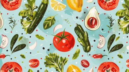 Sticker - A pattern of tomatoes, peppers, cucumbers, onions, and garlic