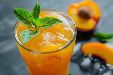 Poster - Glass of peach iced tea with mint