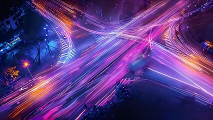 Poster - Aerial view of a busy urban expressway intersection at night. Concept Urban Traffic, Night Photography, Aerial View, Cityscape, Illuminated Streets