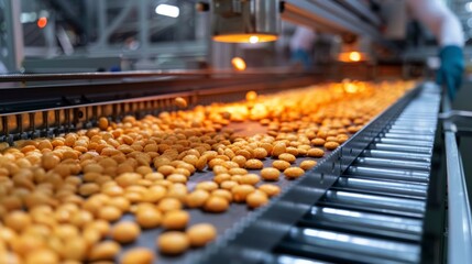 High-detail image of snacks being produced on a state-of-the-art manufacturing line, highlighting cleanliness and precision